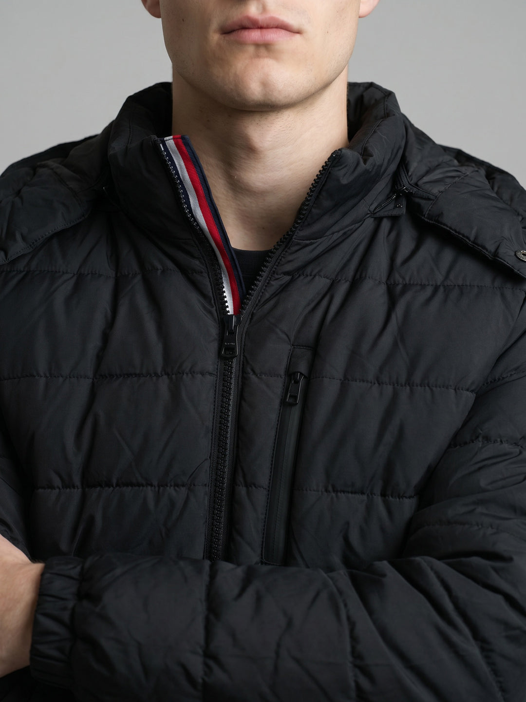 Luxuria Men Black Solid Detachable Hood Full Sleeve Feather Inside Jacket