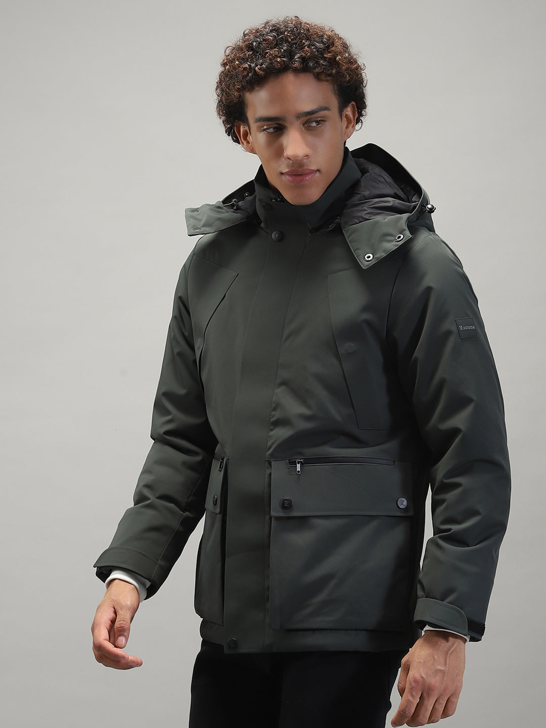 Men Olive Solid Hooded Full Sleeve Jacket