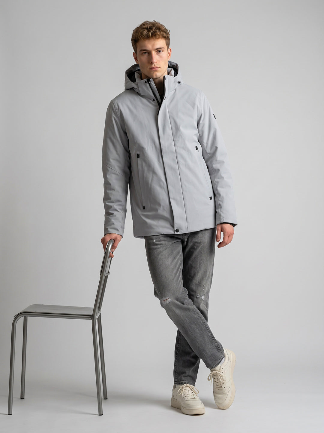 Luxuria Men Grey Solid Detachable Hood Full Sleeve Parka Jacket