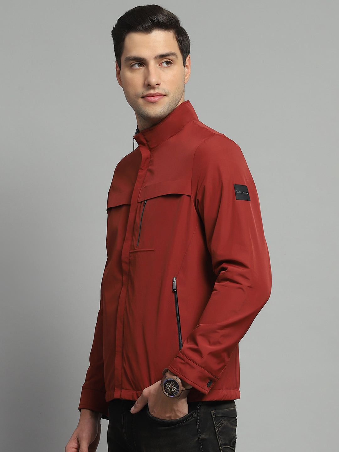 Luxuria Men Red Solid Mock Neck Full Sleeve Reversible Jacket