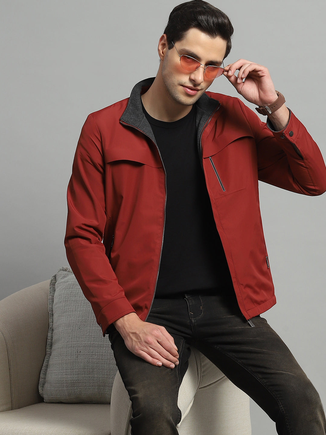 Luxuria Men Red Solid Mock Neck Full Sleeve Reversible Jacket