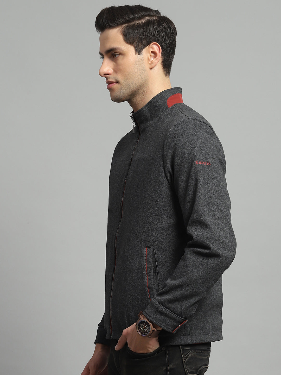Luxuria Men Red Solid Mock Neck Full Sleeve Reversible Jacket