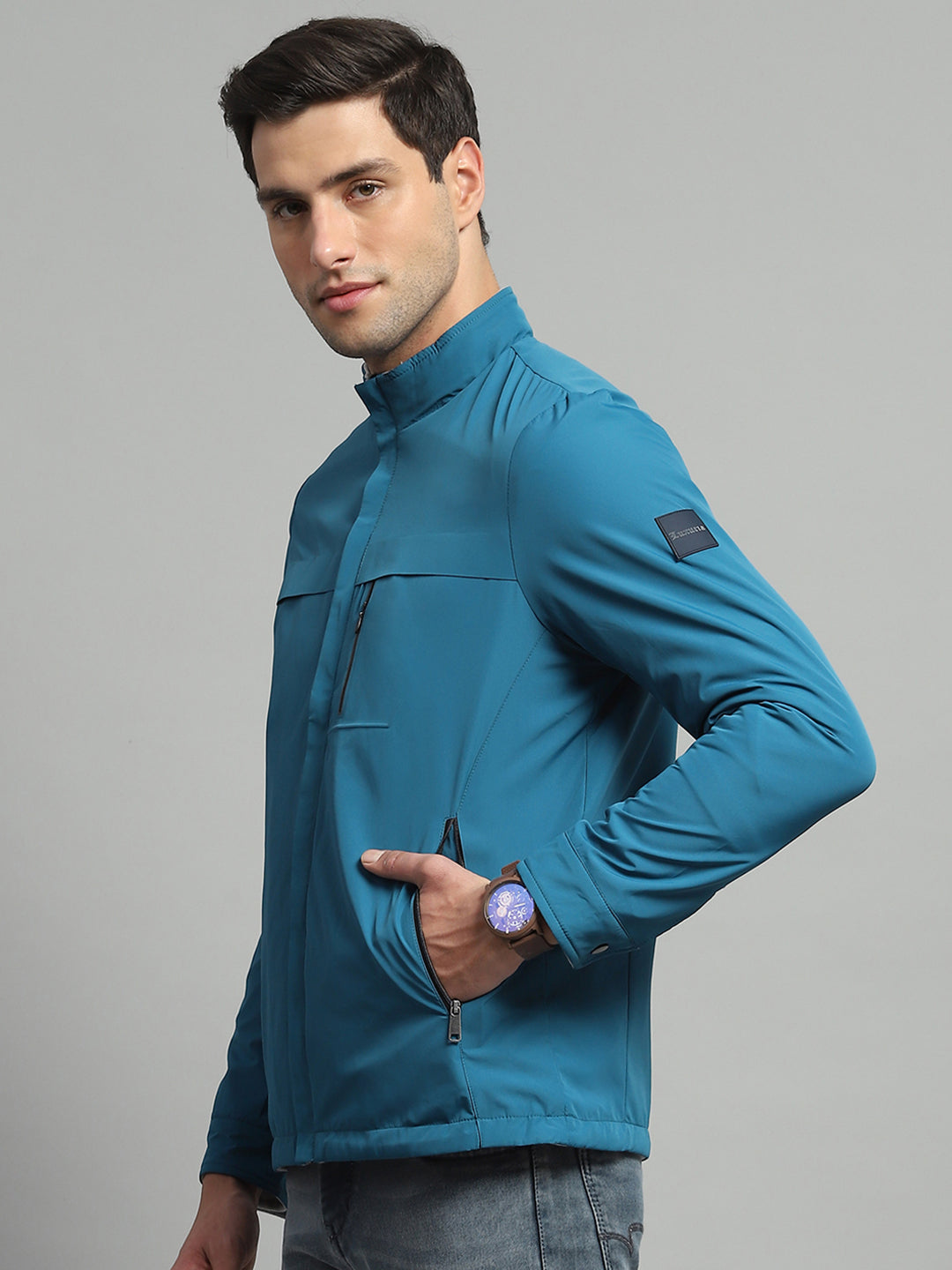 Buy Men Teal Blue Solid Mock Neck Full Sleeve Reversible Jacket