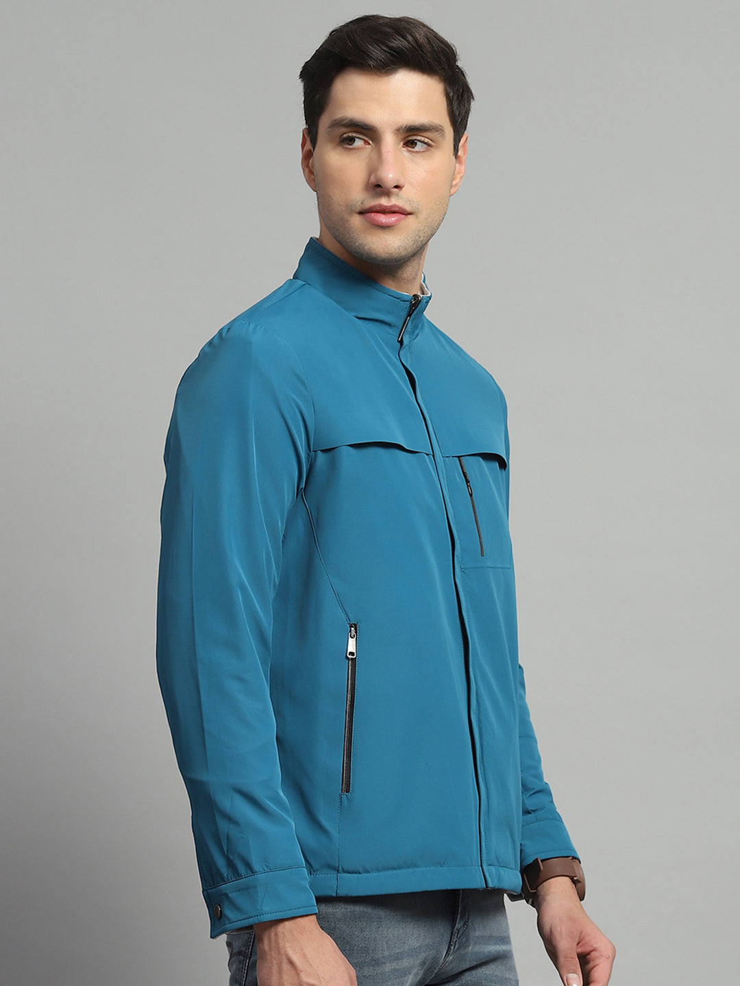 Luxuria Men Teal Blue Solid Mock Neck Full Sleeve Reversible Jacket