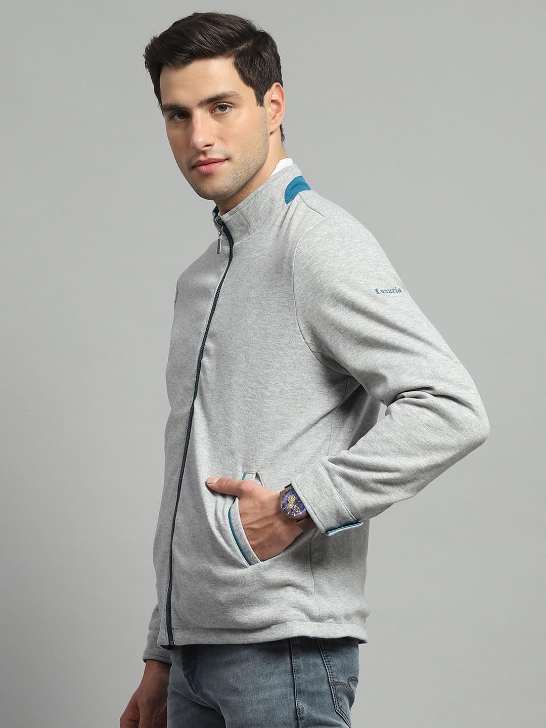 Luxuria Men Teal Blue Solid Mock Neck Full Sleeve Reversible Jacket