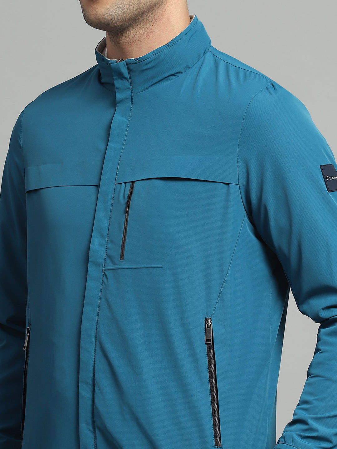 Luxuria Men Teal Blue Solid Mock Neck Full Sleeve Reversible Jacket