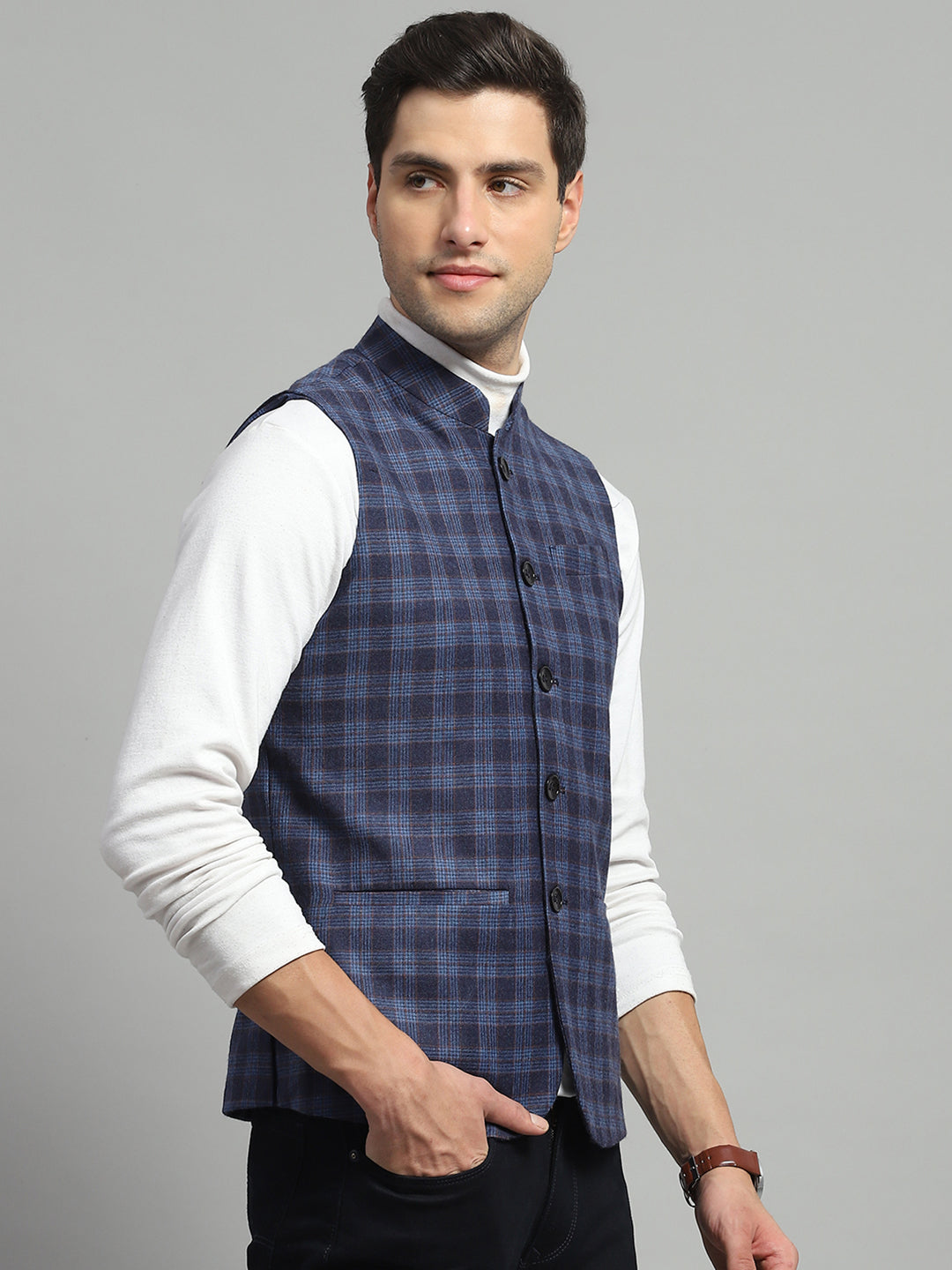 Luxuria Men Blue Solid Band Collar Sleeveless Nehru Jacket