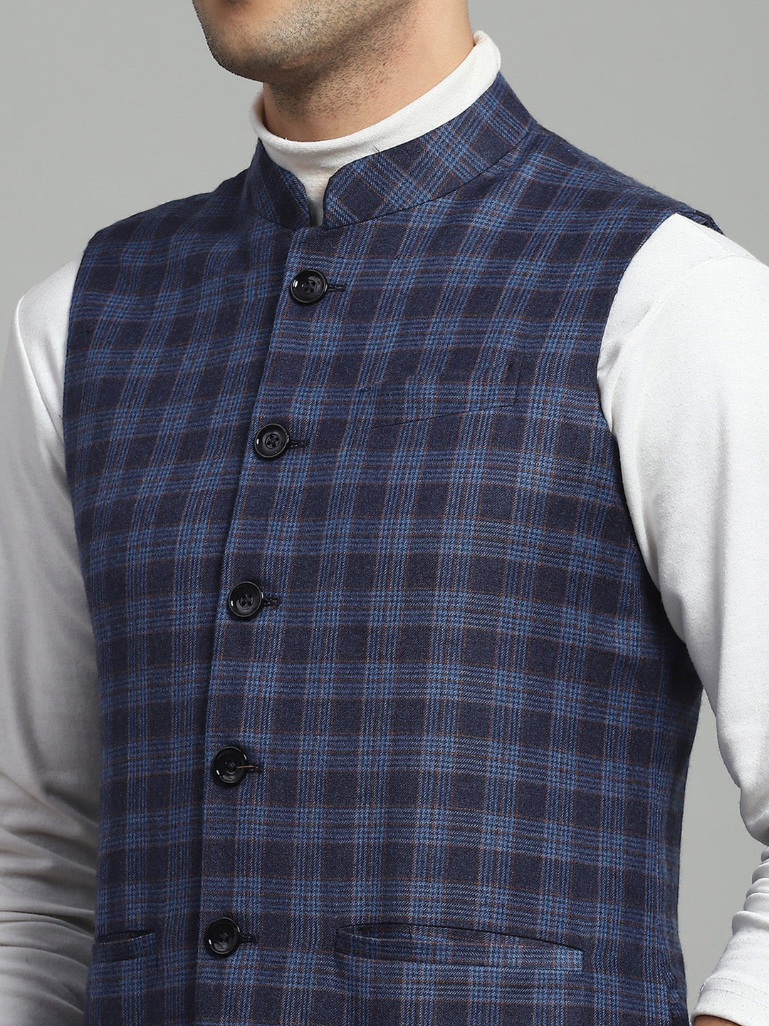 Luxuria Men Blue Solid Band Collar Sleeveless Nehru Jacket