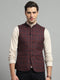 Luxuria Men Maroon Solid Band Collar Sleeveless Jacket