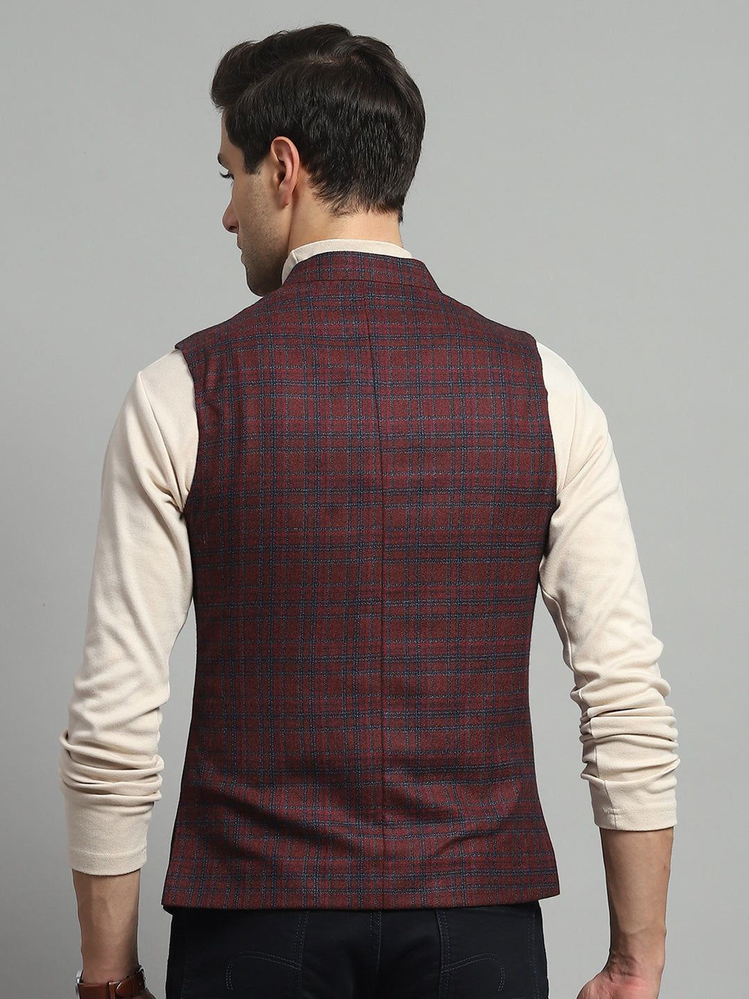 Luxuria Men Maroon Solid Band Collar Sleeveless Jacket
