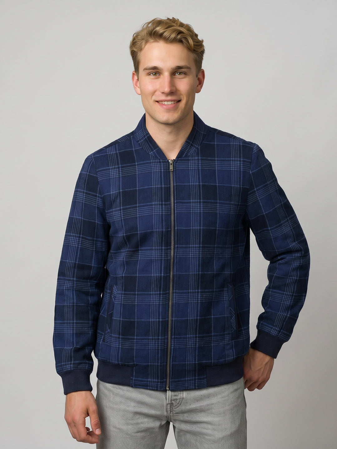 Luxuria Men Blue Check Turtle Neck Full Sleeve Shacket