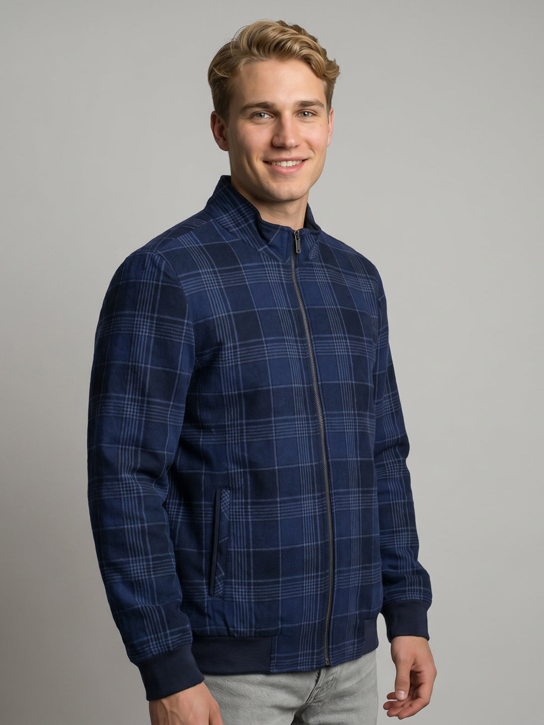 Luxuria Men Blue Check Turtle Neck Full Sleeve Shacket