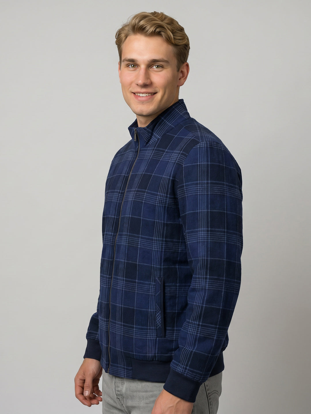 Luxuria Men Blue Check Turtle Neck Full Sleeve Shacket