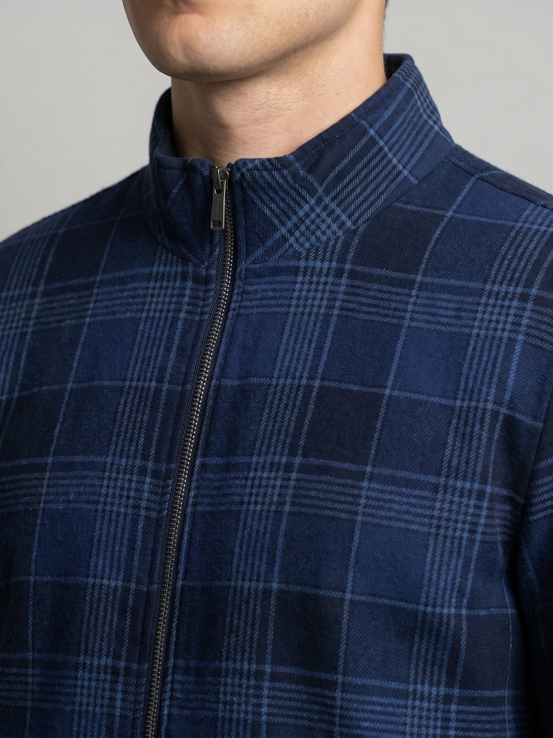 Luxuria Men Blue Check Turtle Neck Full Sleeve Shacket