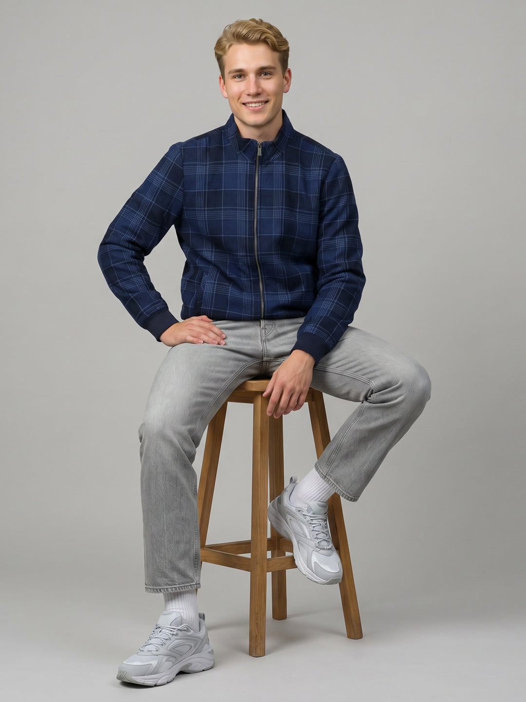 Luxuria Men Blue Check Turtle Neck Full Sleeve Shacket