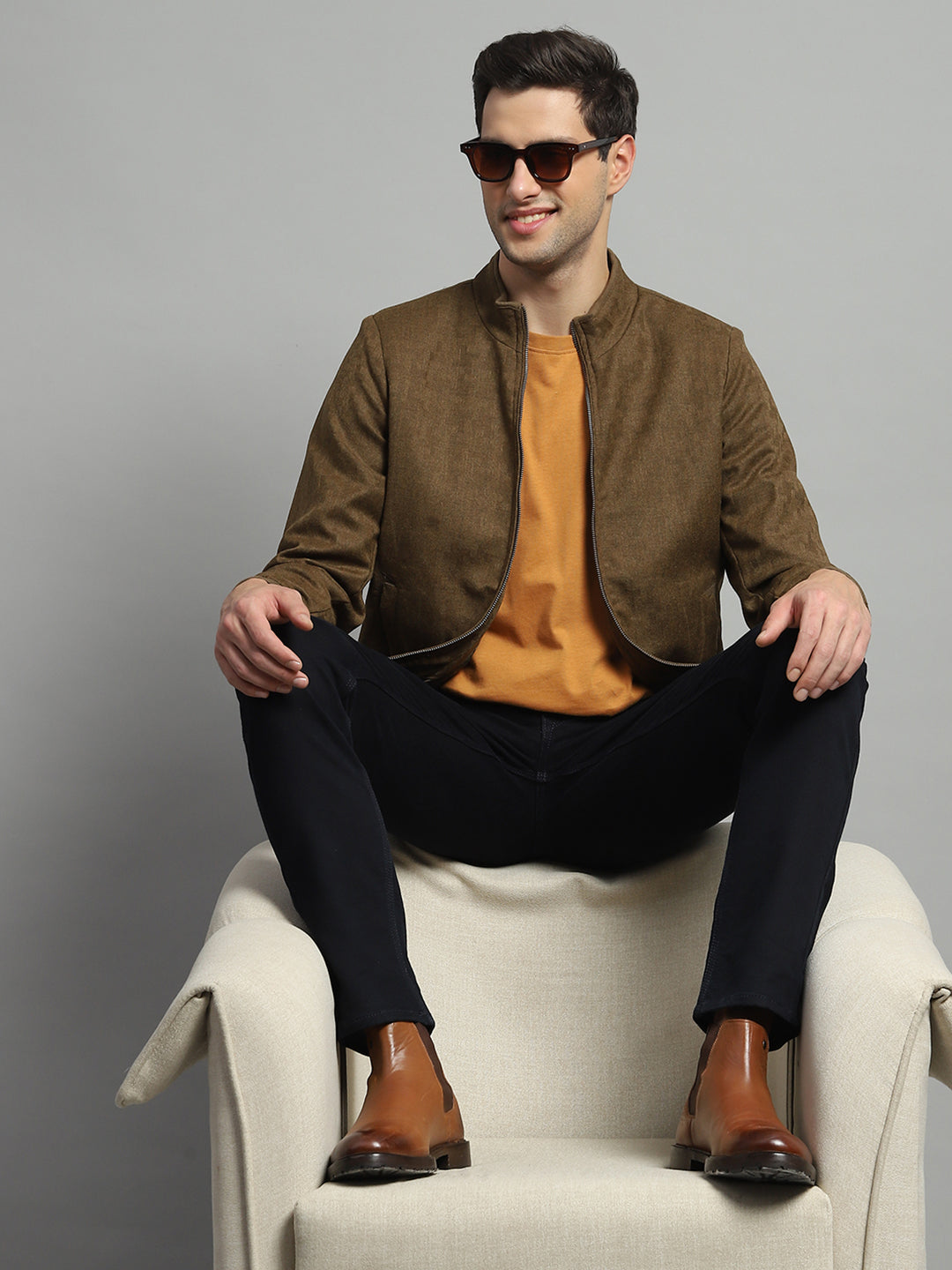 Luxuria Men Mustard Solid Mock Neck Full Sleeve Jacket