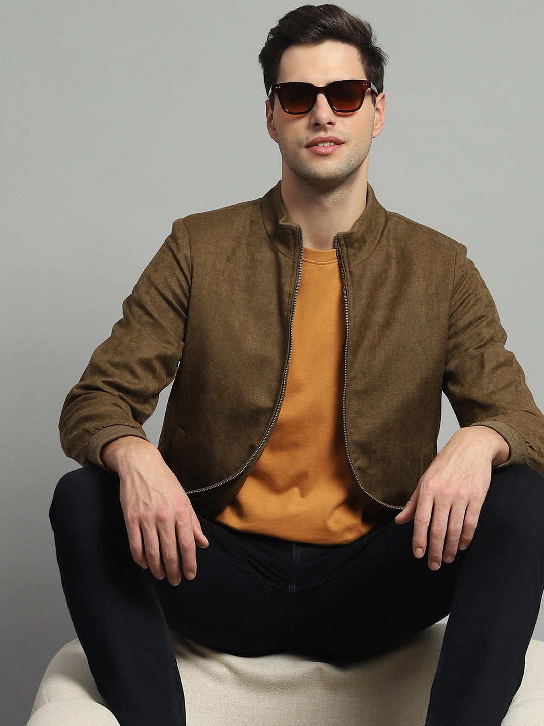 Luxuria Men Mustard Solid Mock Neck Full Sleeve Jacket