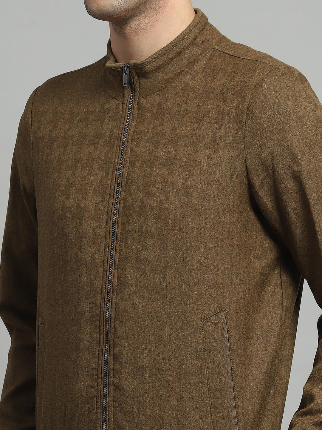 Luxuria Men Mustard Solid Mock Neck Full Sleeve Jacket