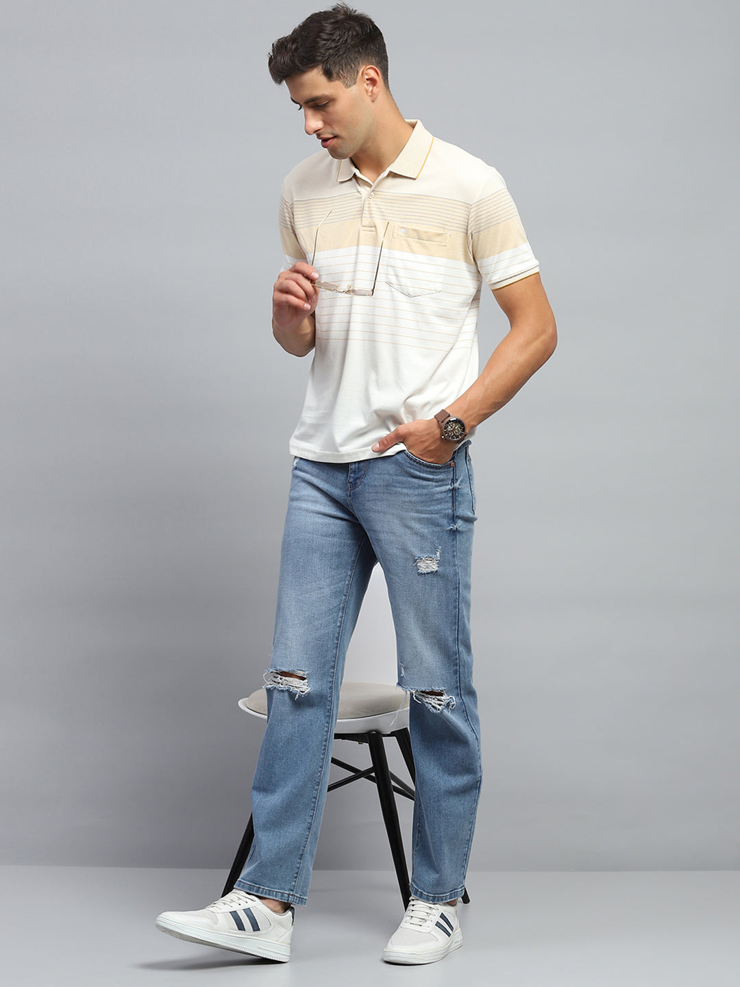 Men Beige Stripe Collar Half Sleeve T-Shirt