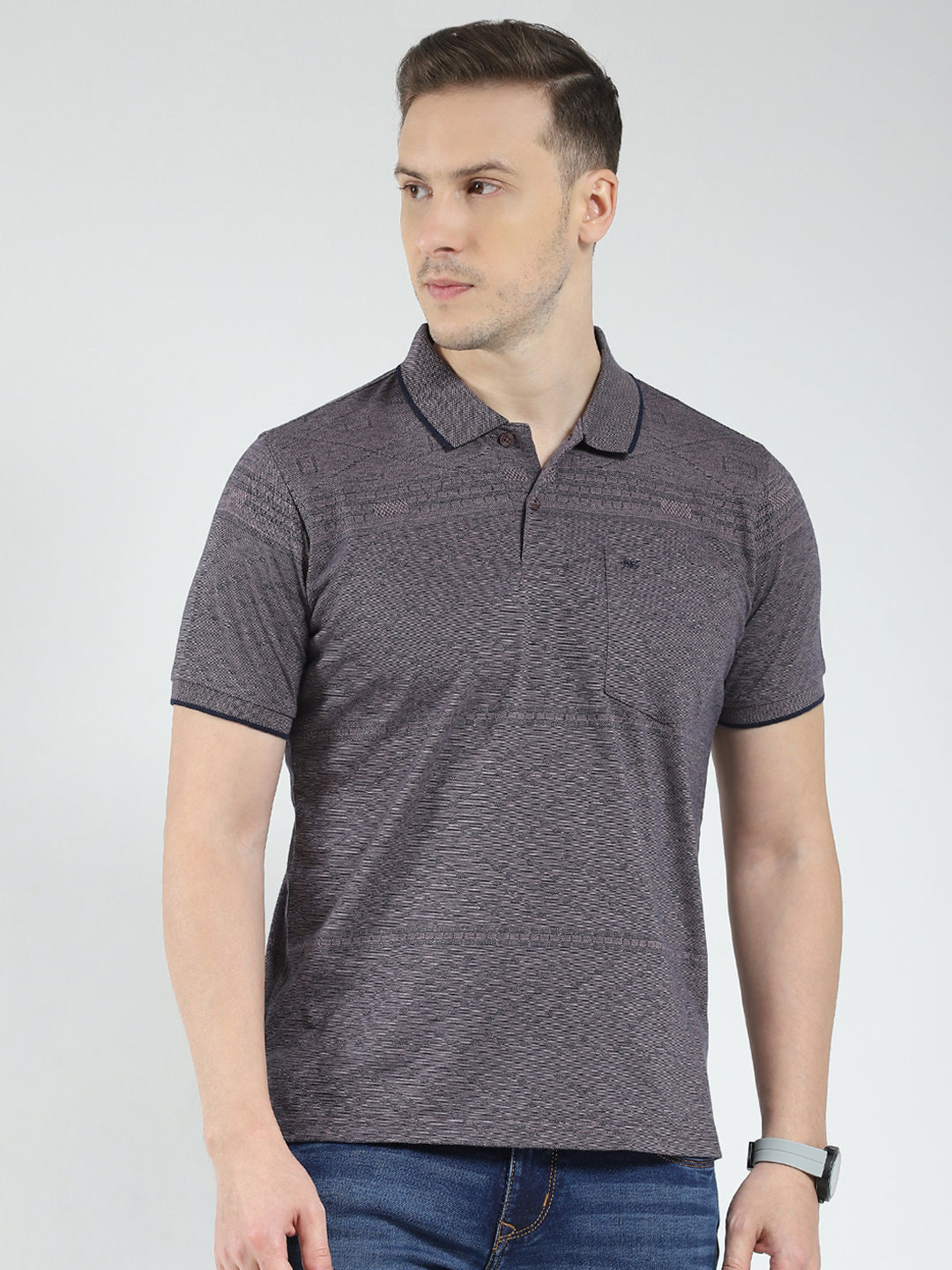 Men Grey Solid Collar Half Sleeve T-Shirt