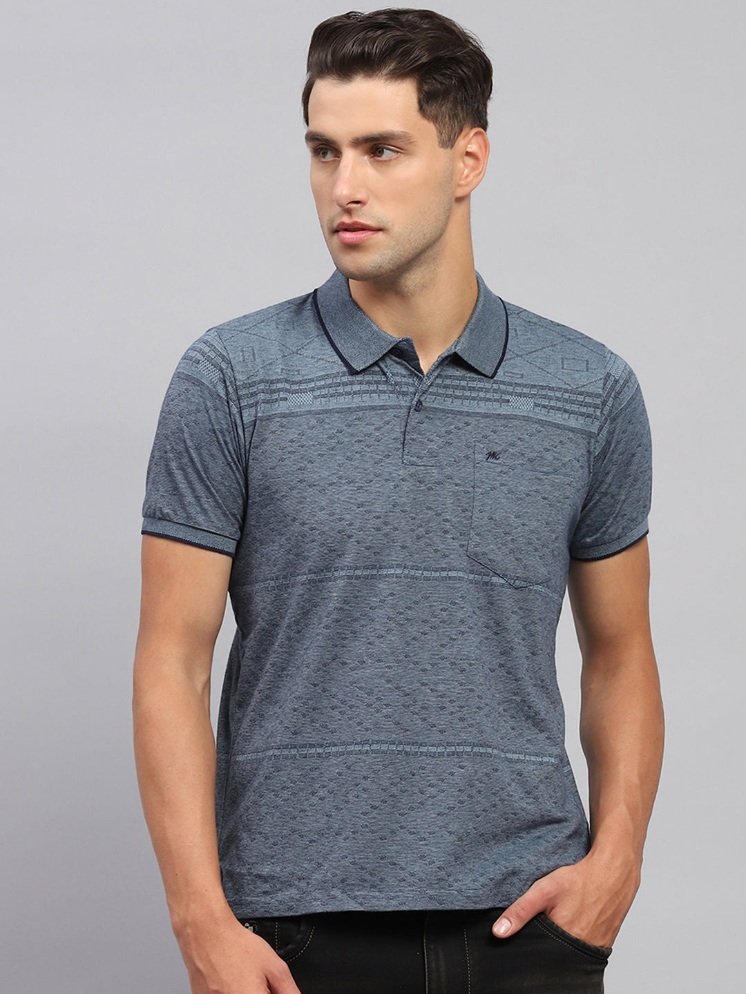 Men Grey Printed Polo Collar Half Sleeve T-Shirt