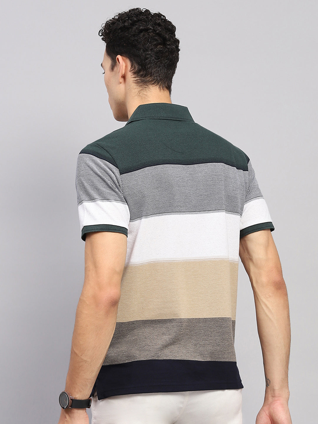 Men Green Stripe Collar Half Sleeve T-Shirt