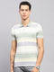 Men Green Stripe Collar Half Sleeve T-Shirt