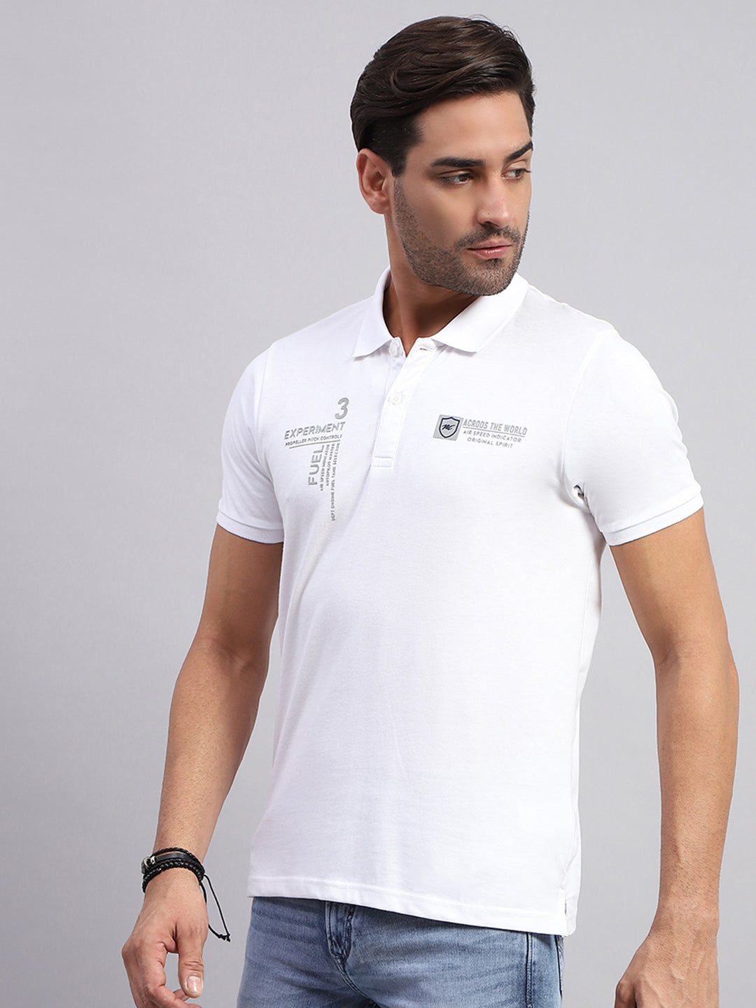 Men White Printed Collar Half Sleeve T-Shirt