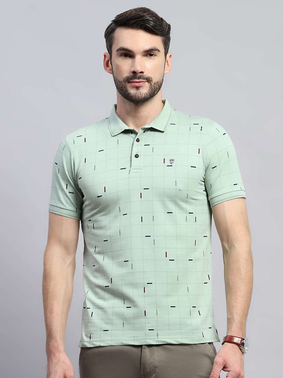 Men Green Printed Collar Half Sleeve T-Shirt