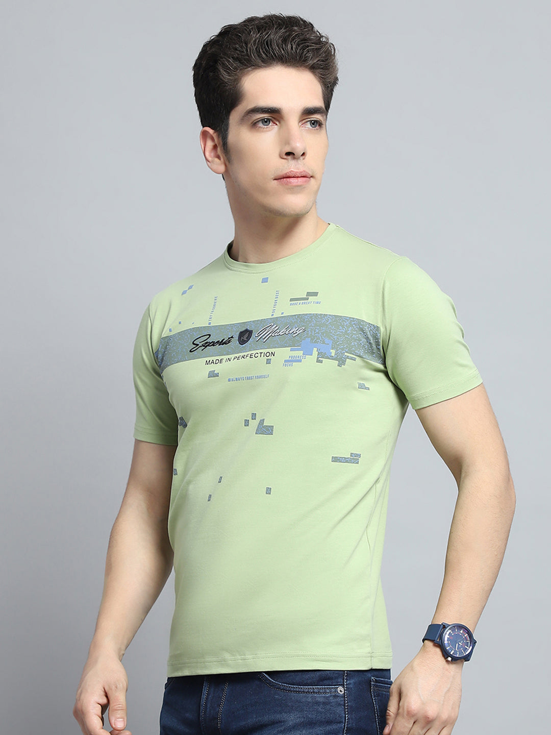 Men Green Printed Round Neck Half Sleeve T-Shirt