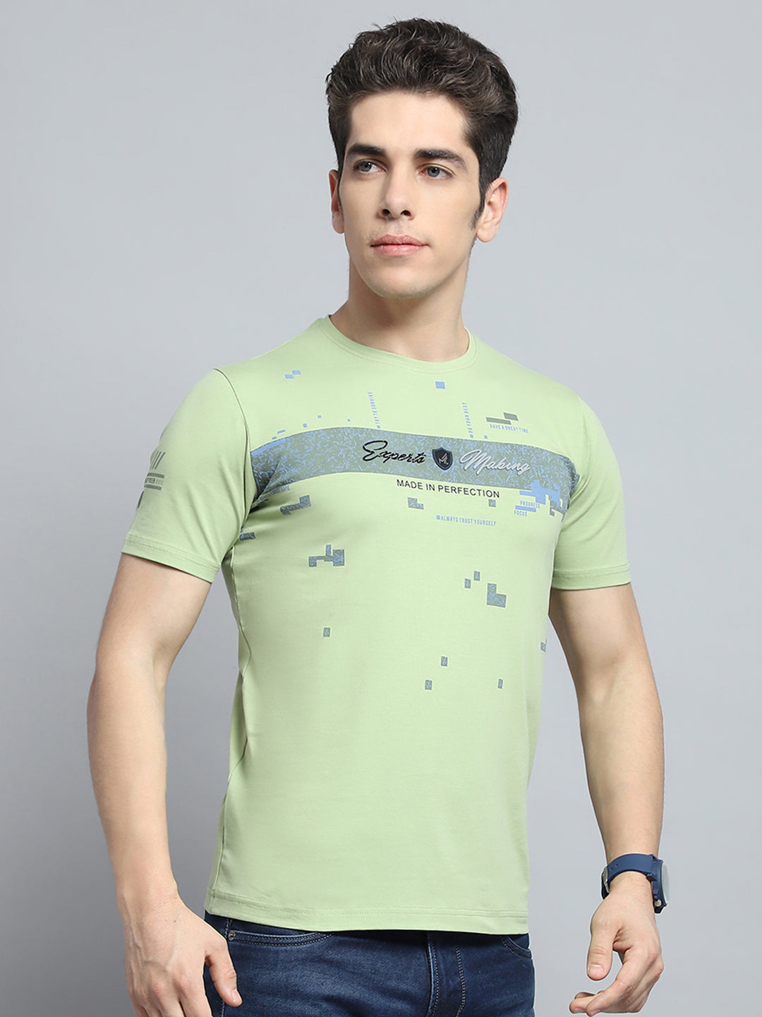 Men Green Printed Round Neck Half Sleeve T-Shirt