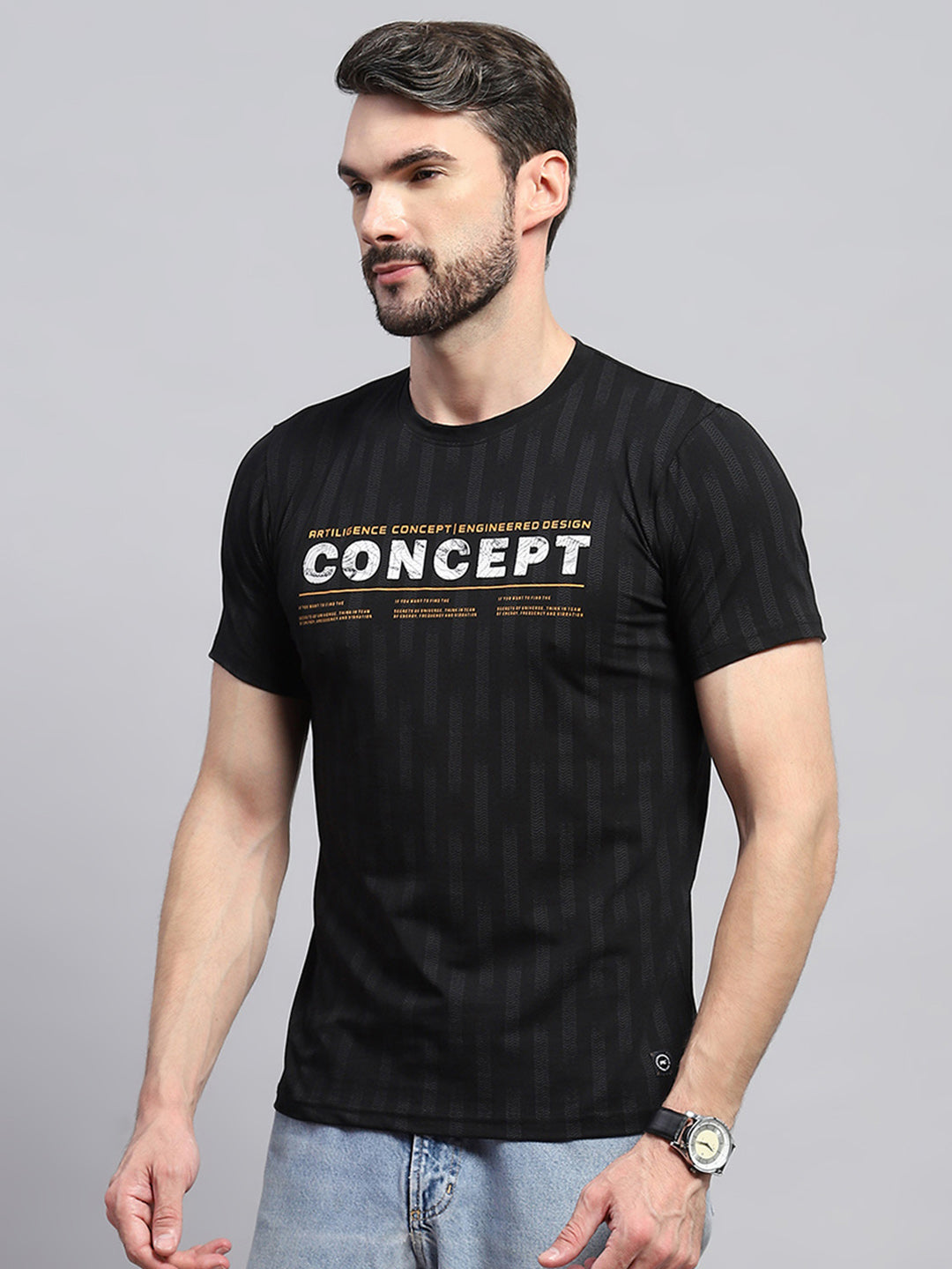 Men Black Printed Round Neck Half Sleeve T-Shirt