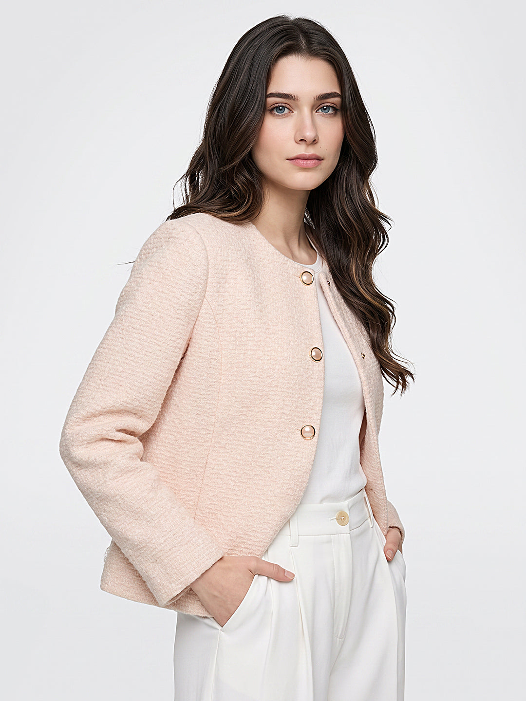 Women Peach Jacquard Collar Full Sleeve Coat