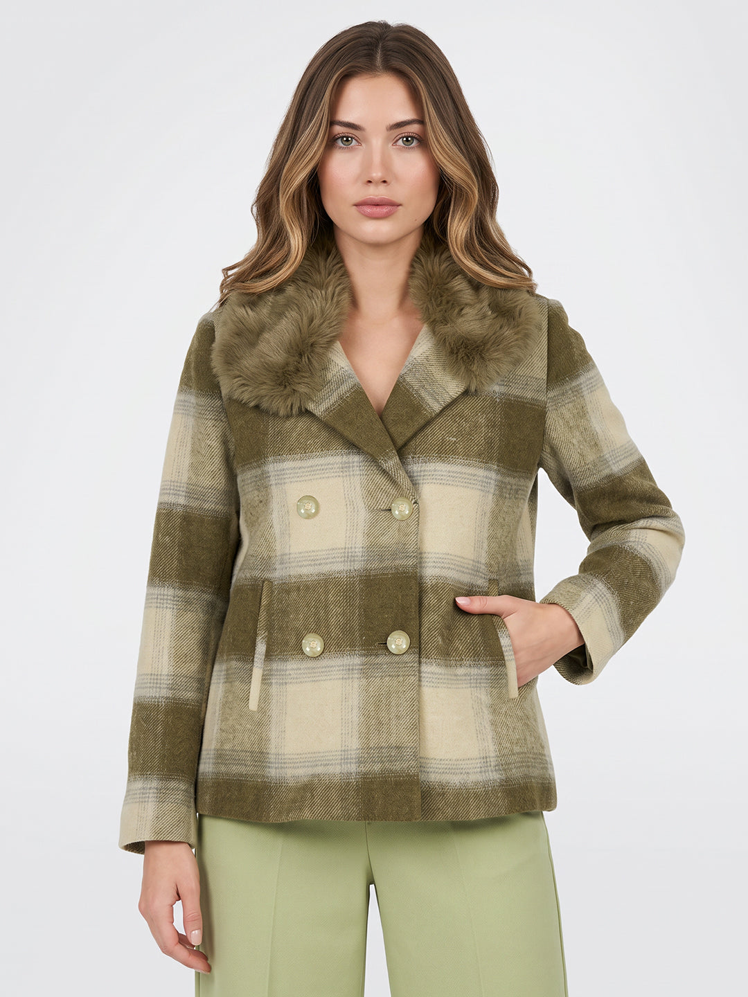 Women Olive Check Full Sleeve Double Breasted Coat with Faux Fur Collar