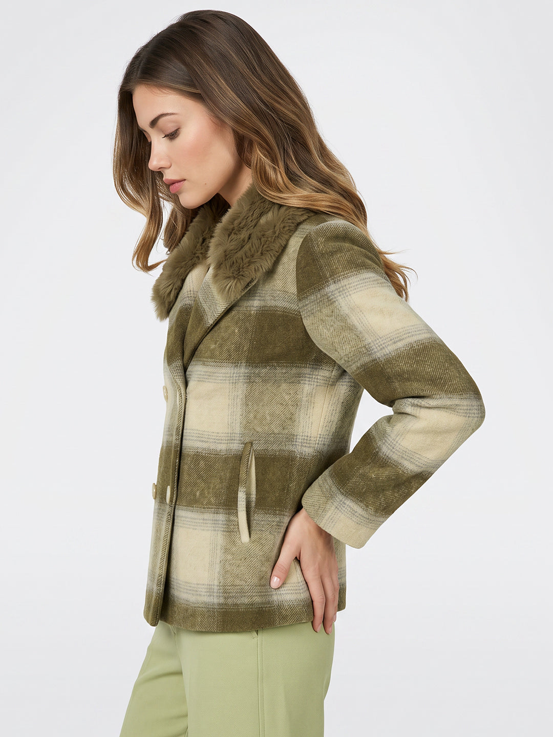 Women Olive Check Full Sleeve Double Breasted Coat with Faux Fur Collar