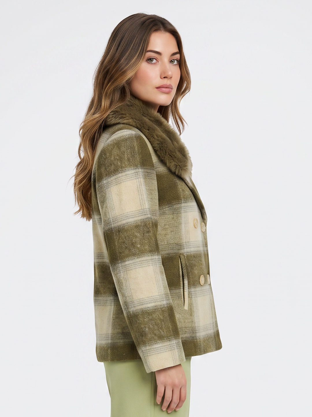Women Olive Check Full Sleeve Double Breasted Coat with Faux Fur Collar