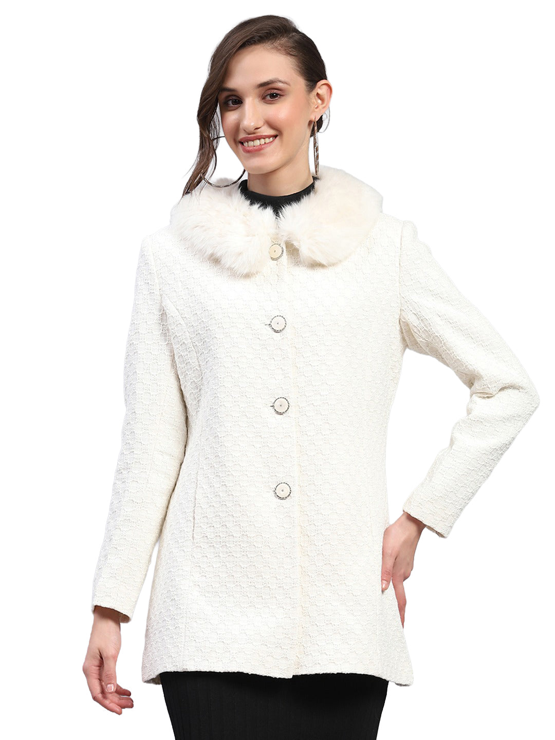 Women Off White Self Design Collar Full Sleeve Coat