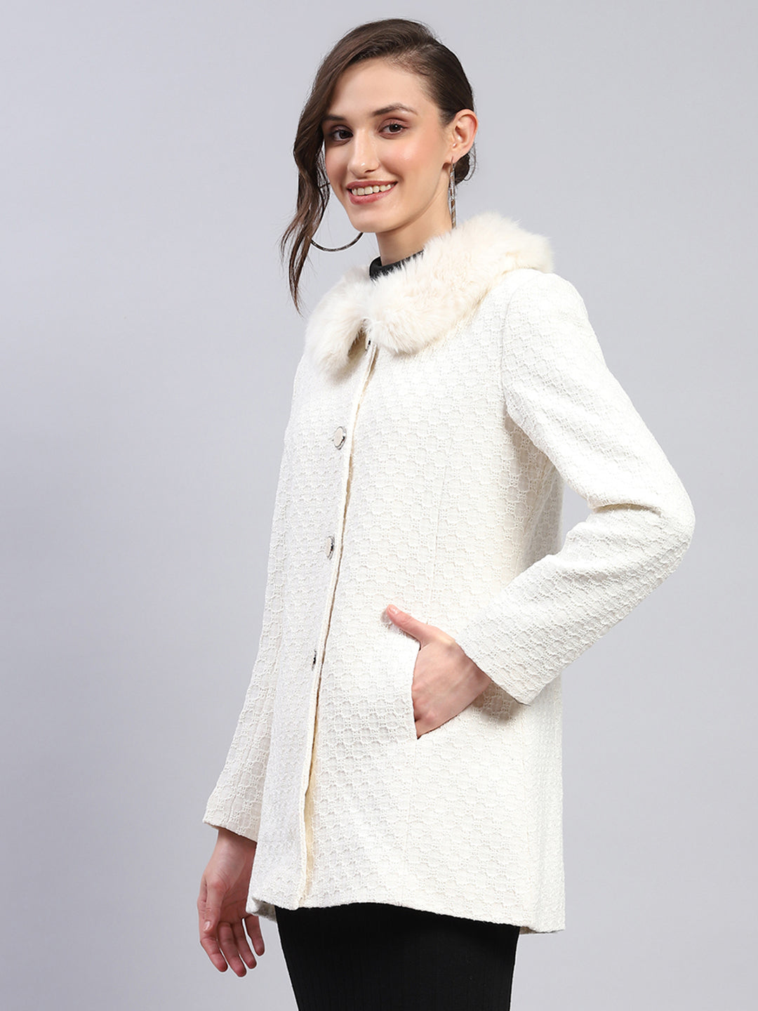 Women Off White Self Design Collar Full Sleeve Coat