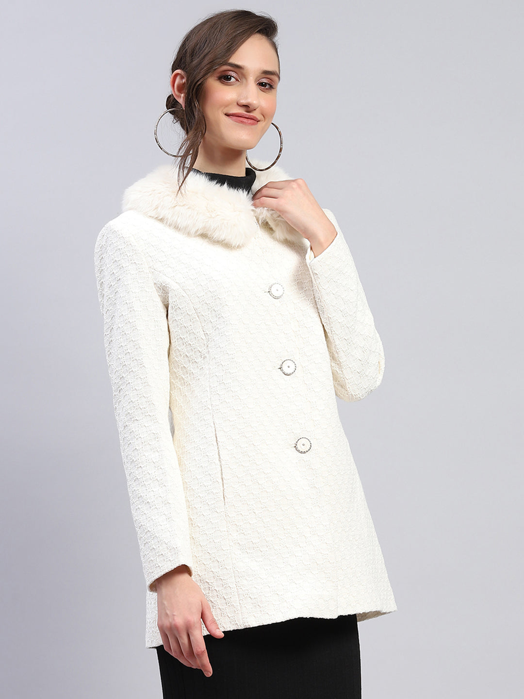 Women Off White Self Design Collar Full Sleeve Coat