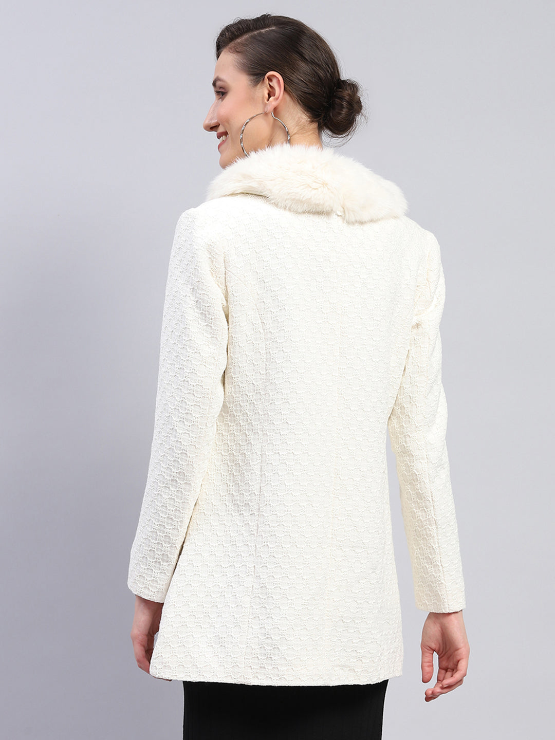 Women Off White Self Design Collar Full Sleeve Coat