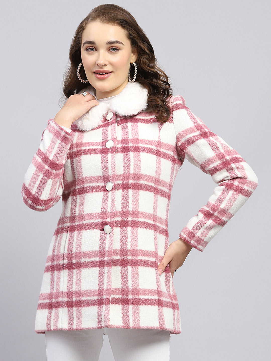 Buy Women Pink Check Collar Full Sleeve Coat Online in India - Monte Carlo