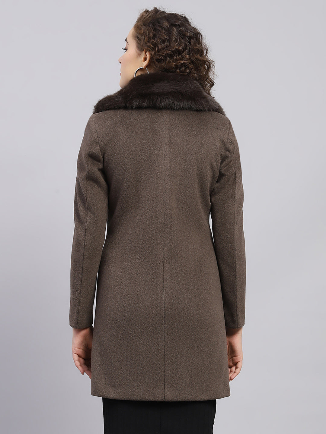 Women Brown Solid Collar Full Sleeve Coat