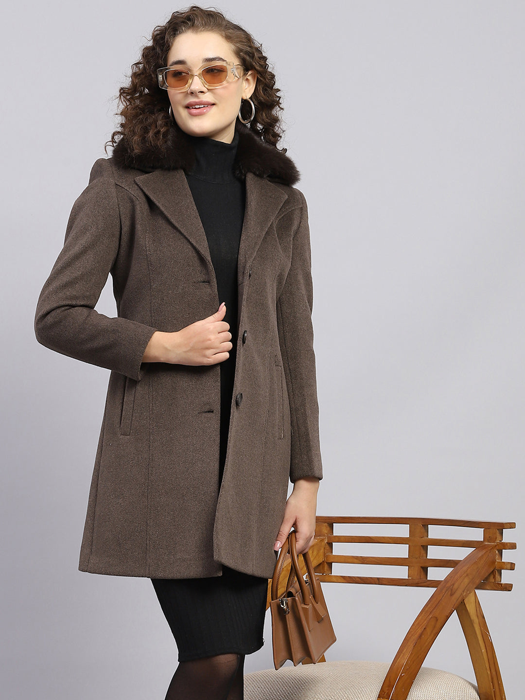 Women Brown Solid Collar Full Sleeve Coat