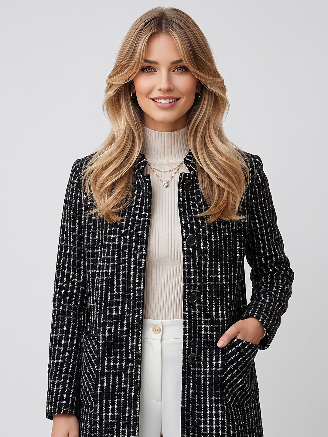 Women Black Jacquard Mandarin Collar Full Sleeve Long Coat