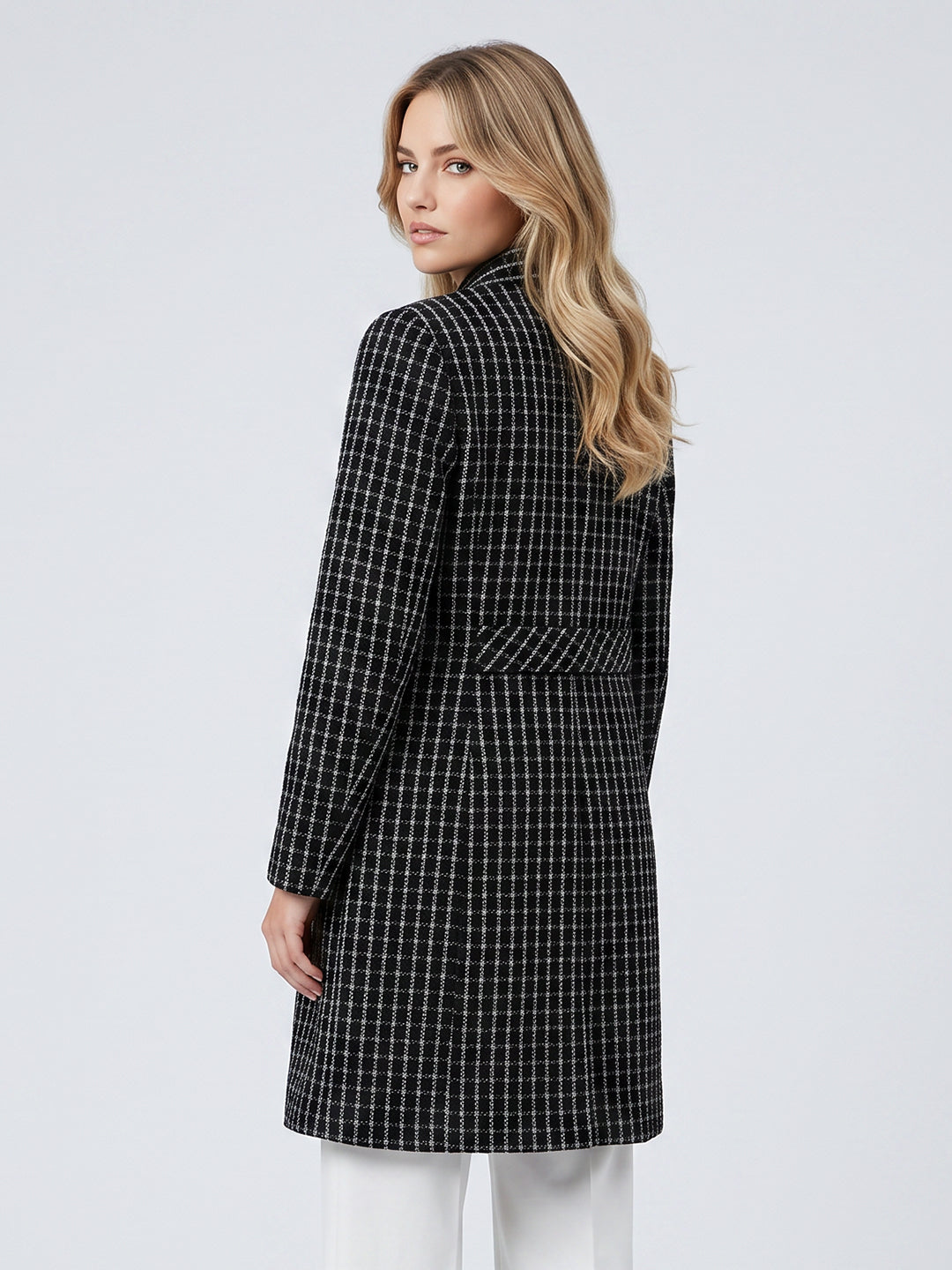 Women Black Jacquard Mandarin Collar Full Sleeve Long Coat