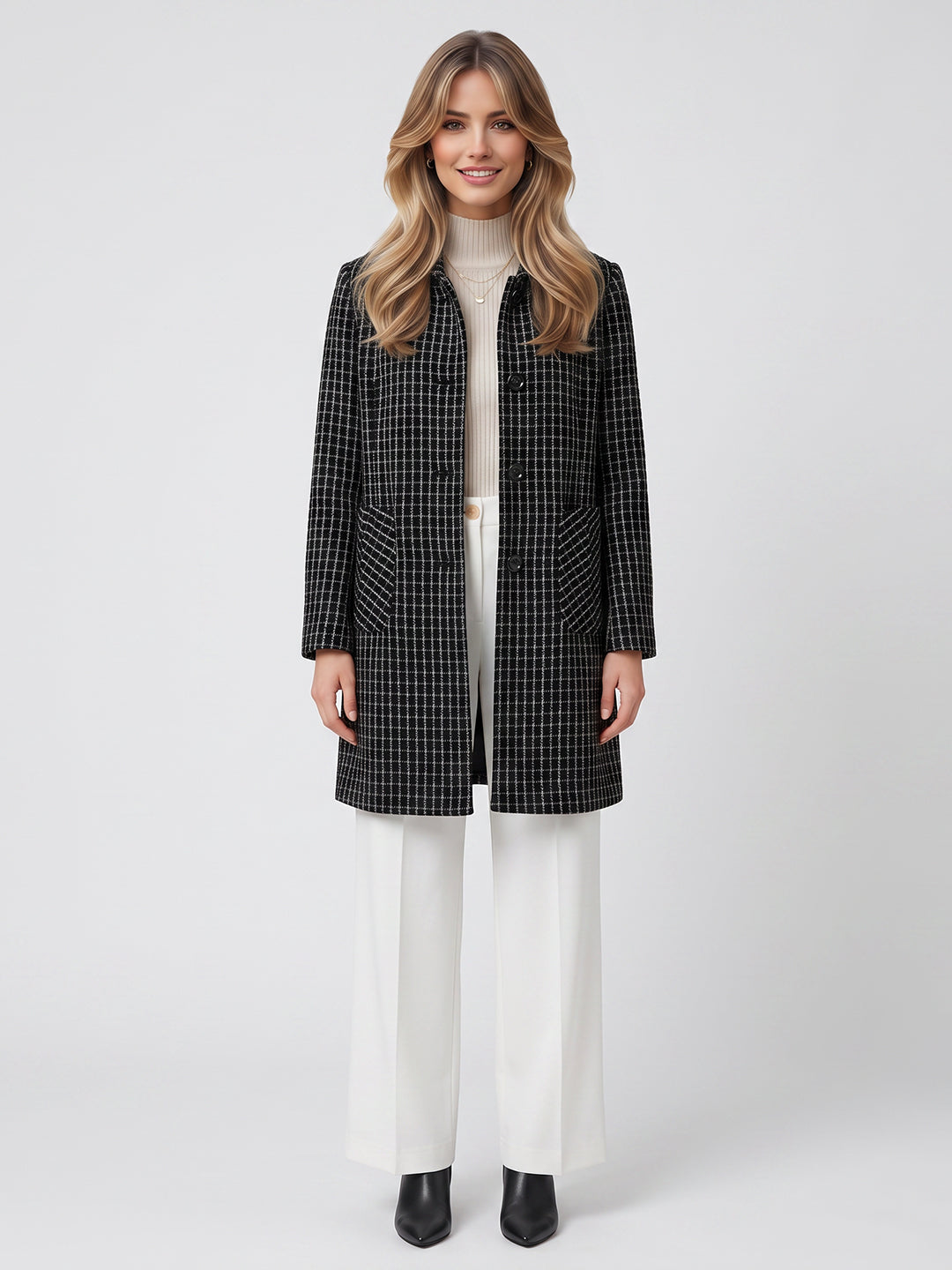 Women Black Jacquard Mandarin Collar Full Sleeve Long Coat