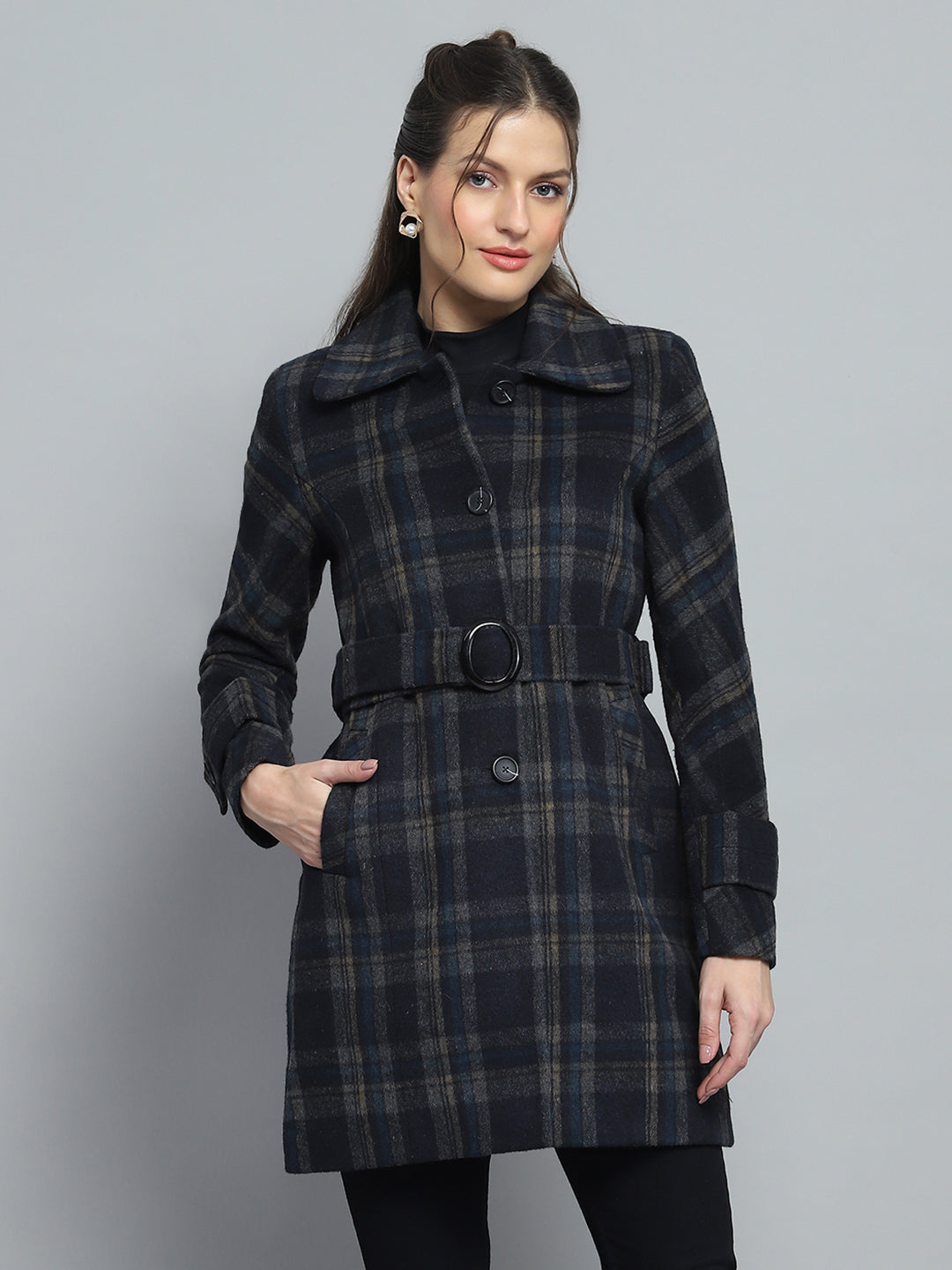 Women Navy Blue Check Collar Full Sleeve Coat