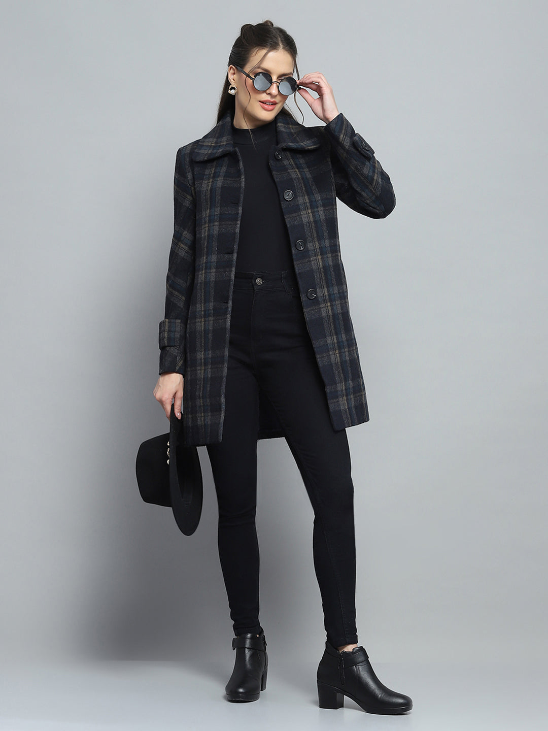 Women Navy Blue Check Collar Full Sleeve Coat