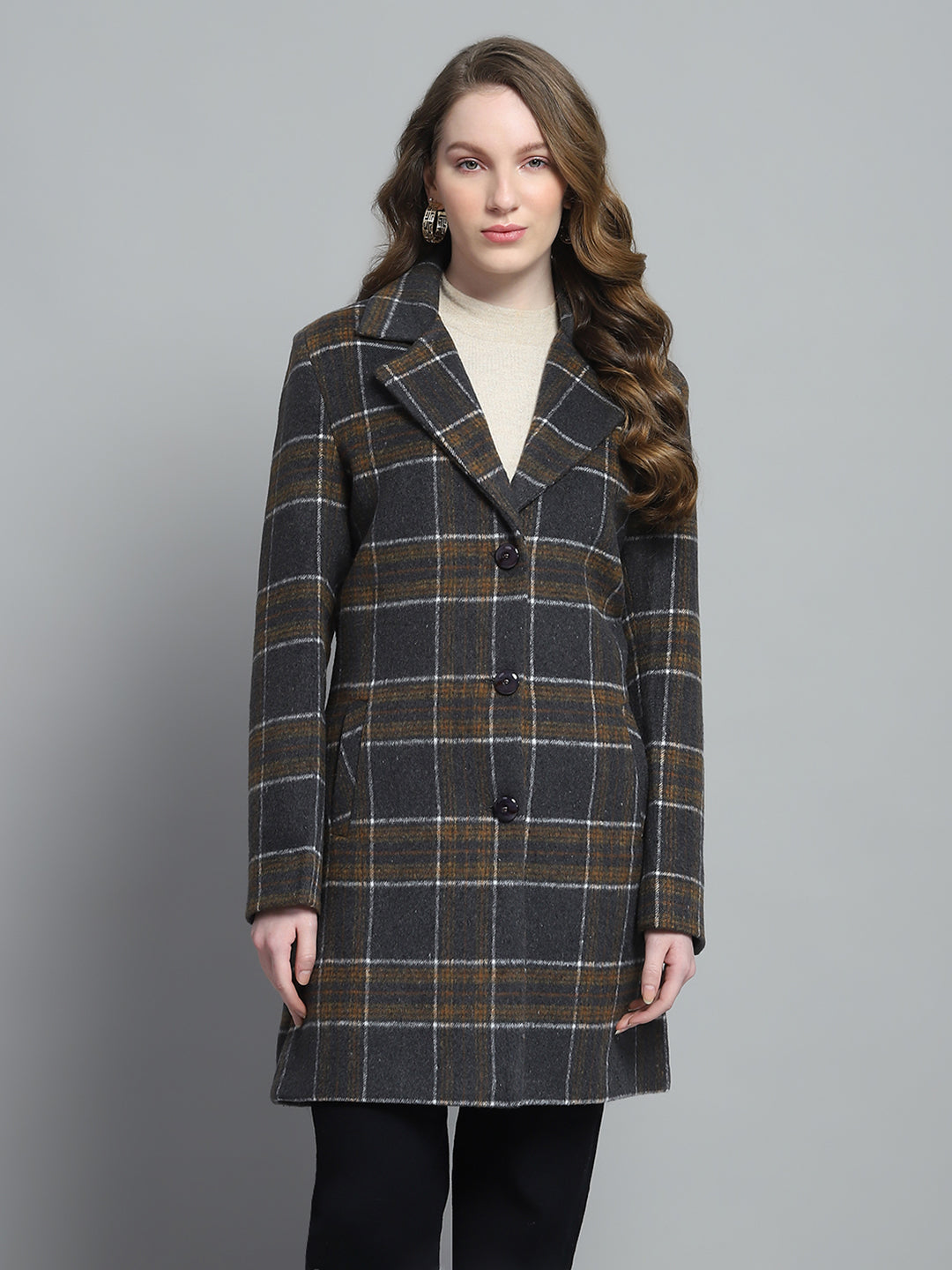 Women Grey Check Notch Lapel Collar Full Sleeve Coat