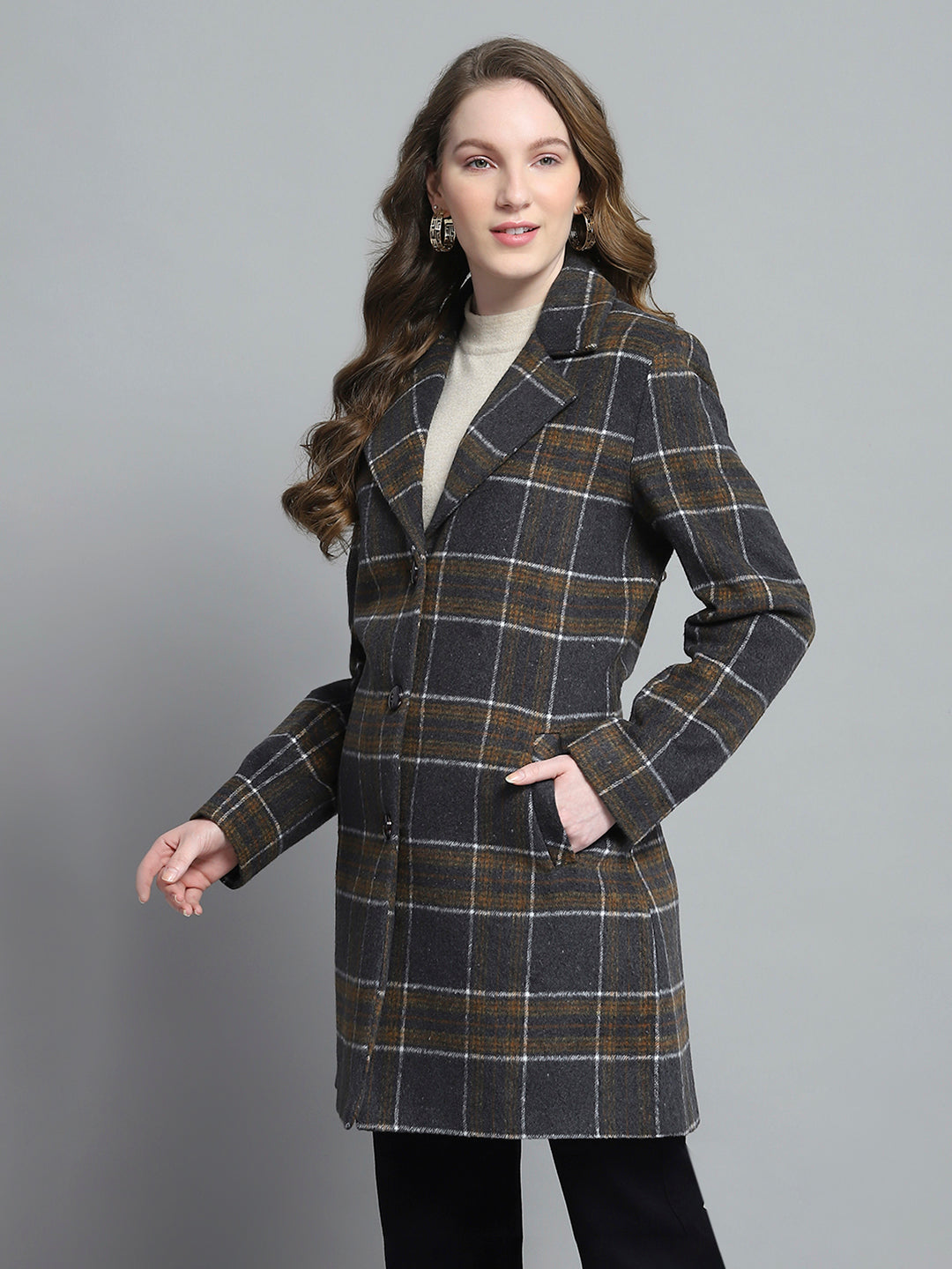 Women Grey Check Notch Lapel Collar Full Sleeve Coat